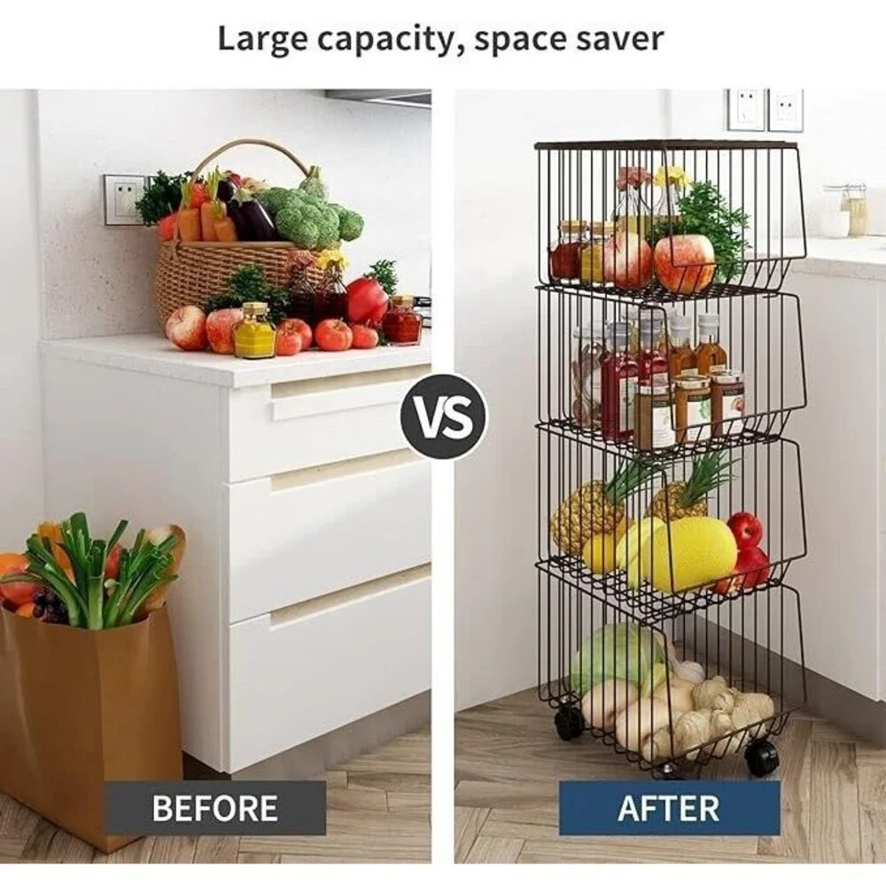 BENOSS Metal Fruit Basket w/Wheels Fruit & Vegetable Storage 5pc Stackable Bins